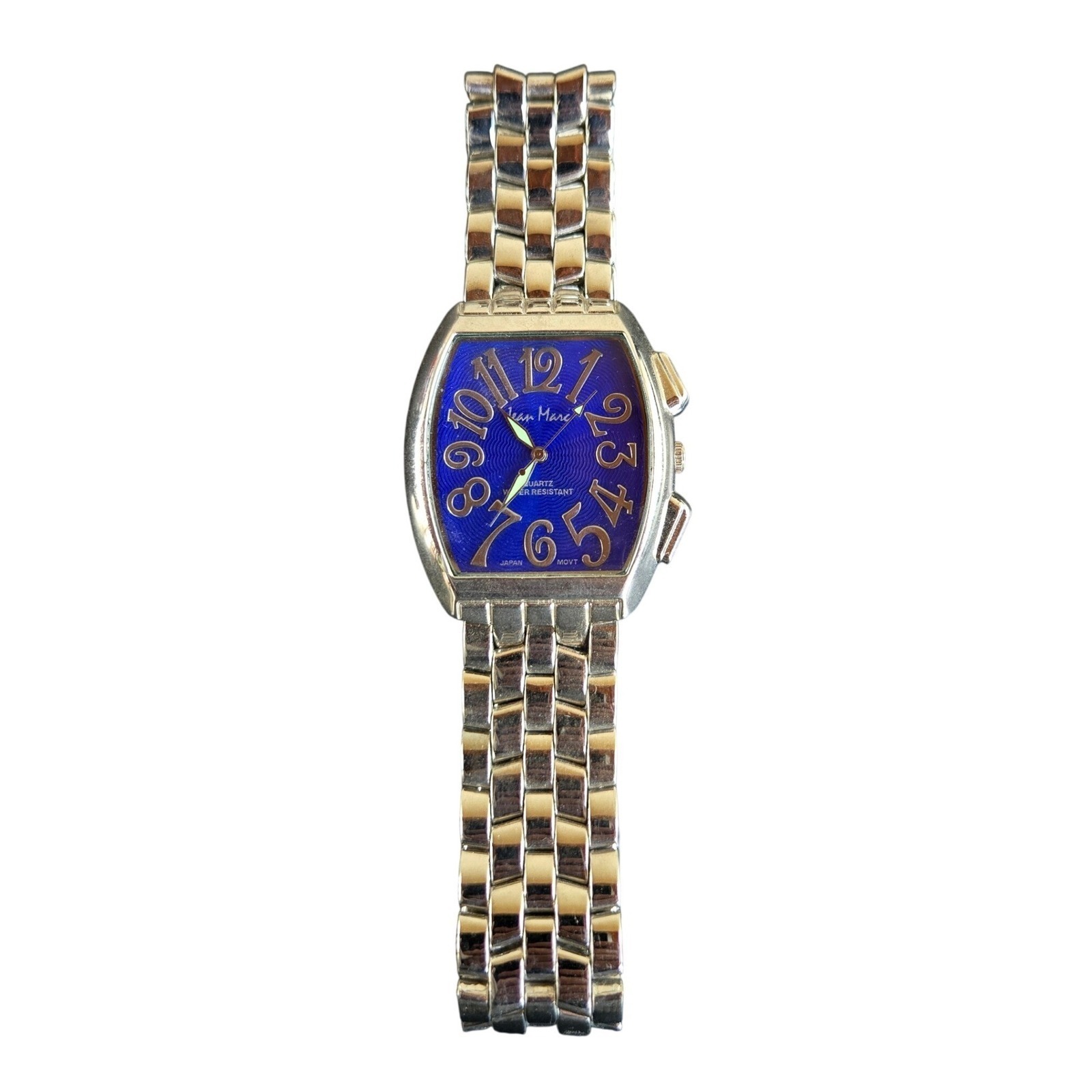 Jean Marc Mens Quartz Watch Silver Tone Blue Guilloche Dial Link Band 7 Tested Jean Marc Mens Quartz Watch Silver Tone Blue Guilloche Dial Link Band 7 Tested